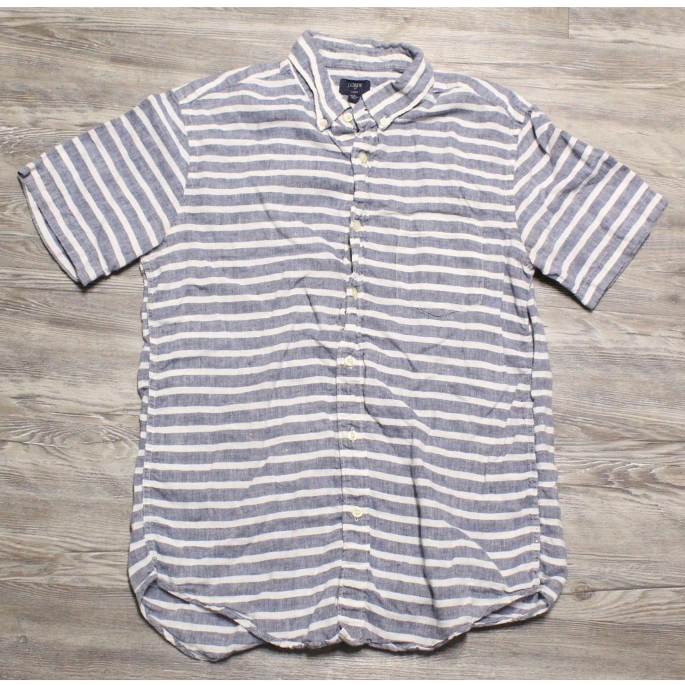 J.Crew Shirt Mens M 100% Linen Gray White Striped Short Sleeve Button Down Shirt